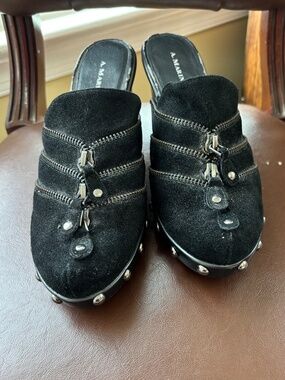 A. Marinelli Black Suede Multi-Zipper Studded Platform Mules Size 8M